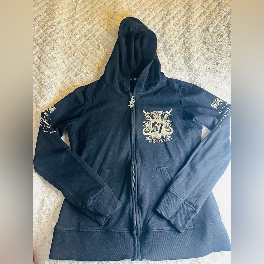 Vintage Seven7 Black Hoodie with Gold Emblem on Sleeves and Back